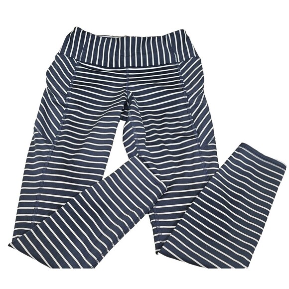 Athleta Womens Leggings Contender Powerlift 7/8 Pockets Navy Striped Yoga Gym XS - Picture 2 of 16
